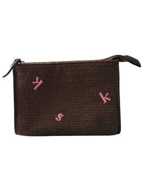 Kate Spade Brown Wool Needlepoint Makeup Case Pink Embroidery Zipper Closure